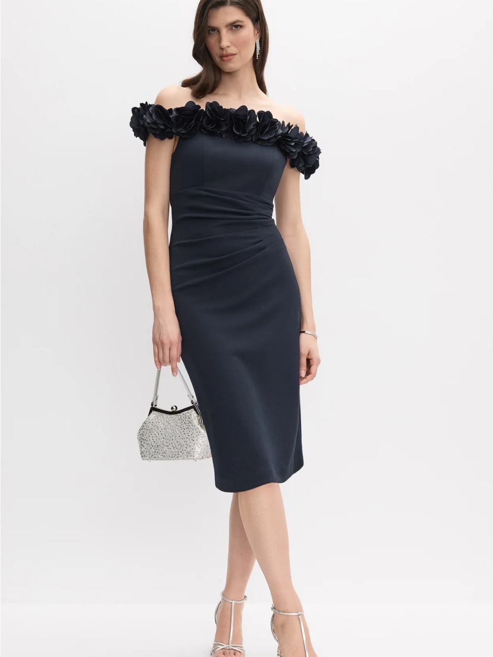 One-Shoulder Navy Floral Trim Cocktail Dress
